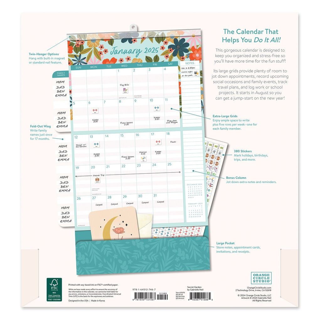 2025 Secret Garden Do It All Wall Family Planner - Deluxe Wall Calendar by Orange Circle Studio