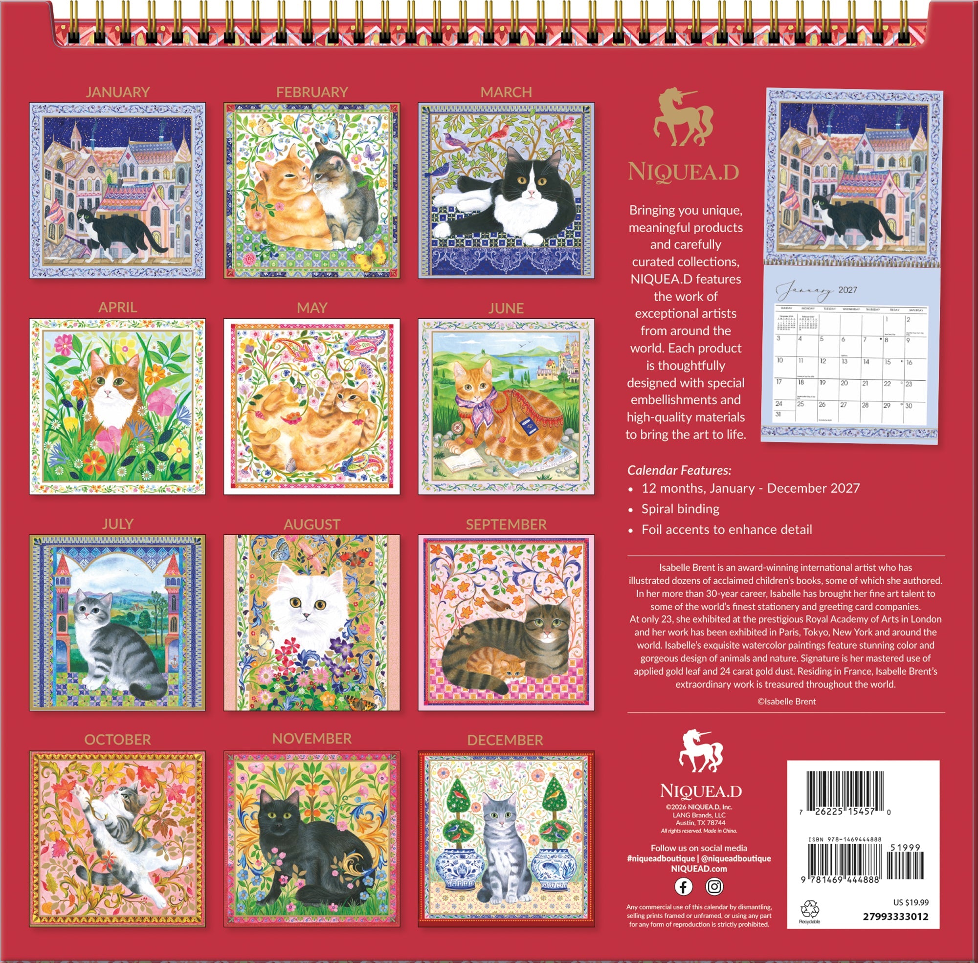 2027 Loving Cats - Spiral Square Wall Calendar – image 2