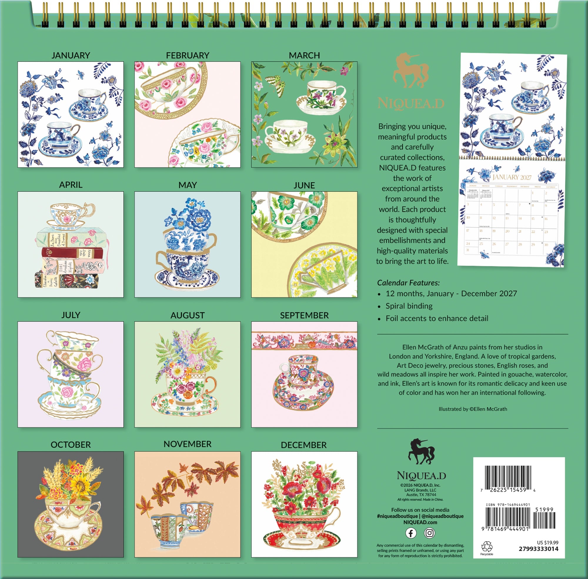 2027 Teacups - Spiral Square Wall Calendar – image 2