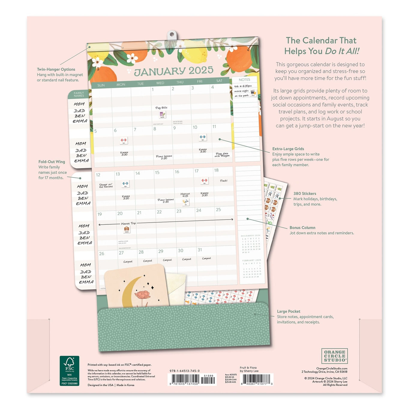 2025 Fruit & Flora Do It All Family Planner - Deluxe Wall Calendar by Orange Circle Studio