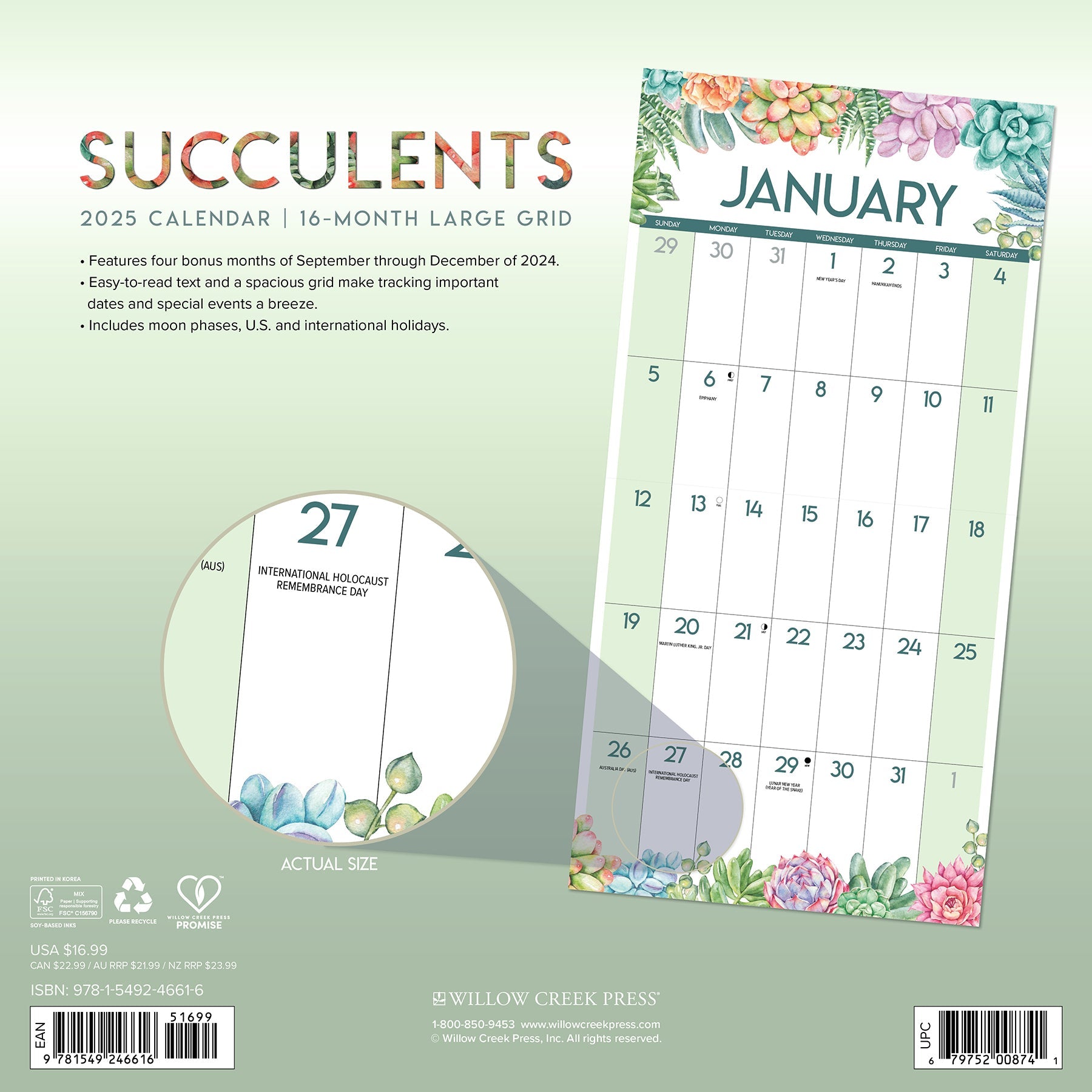 2025 SucculentsLarge Grid - Square Wall Calendar