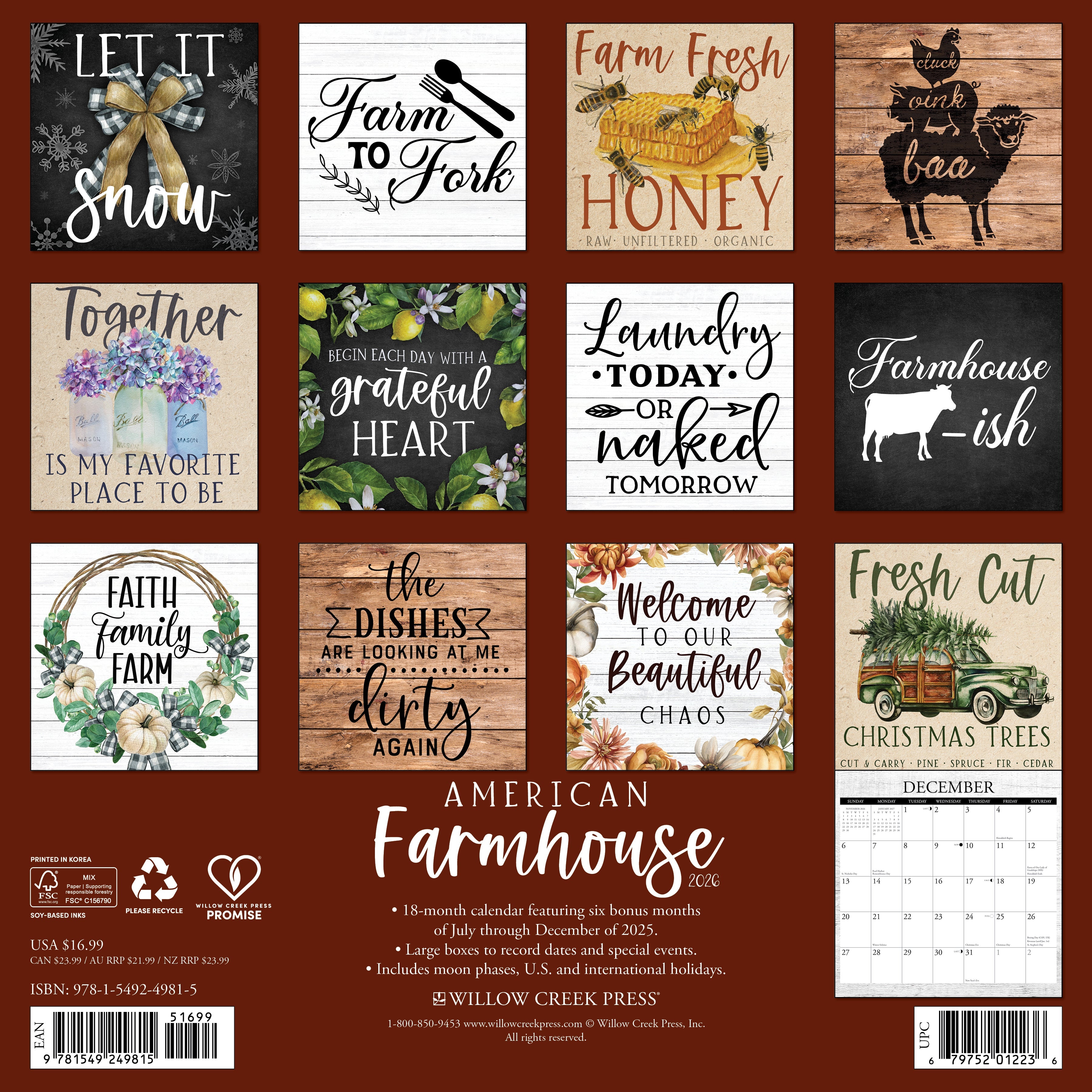 2026 American Farmhouse - Square Wall Calendar