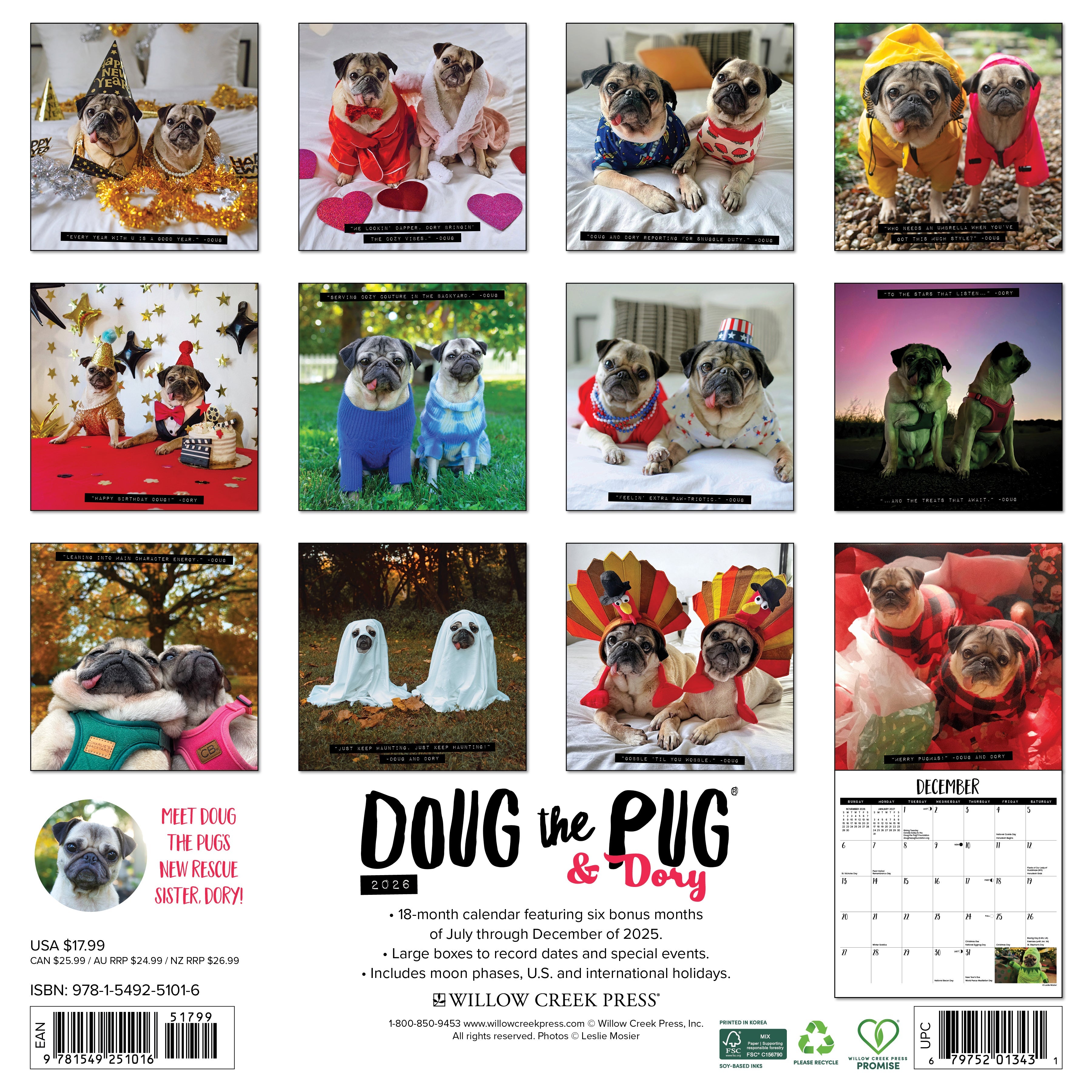 2026 Doug the Pug & Dory - Square Wall Calendar