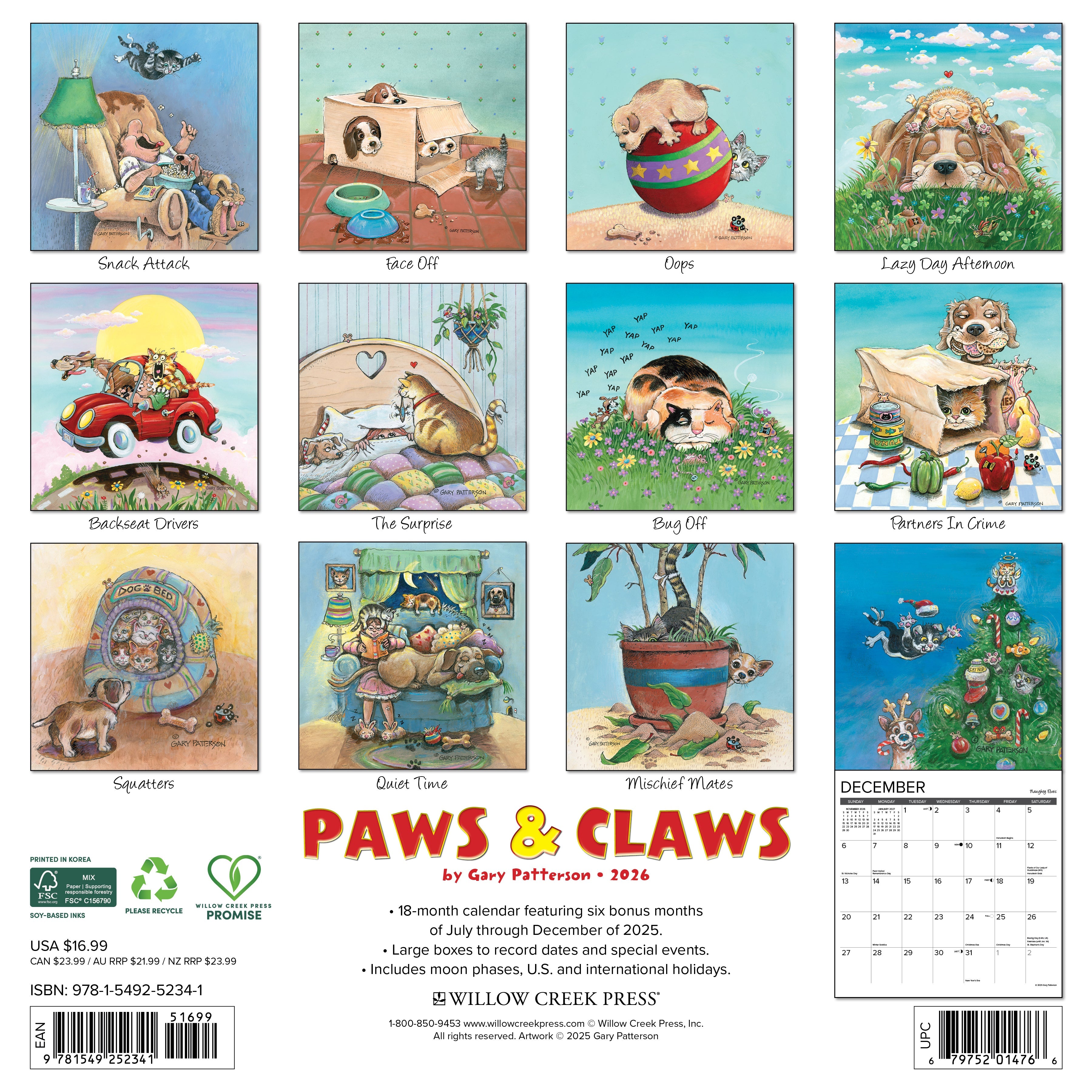 2026 Paws & Claws by Gary Patterson - Square Wall Calendar