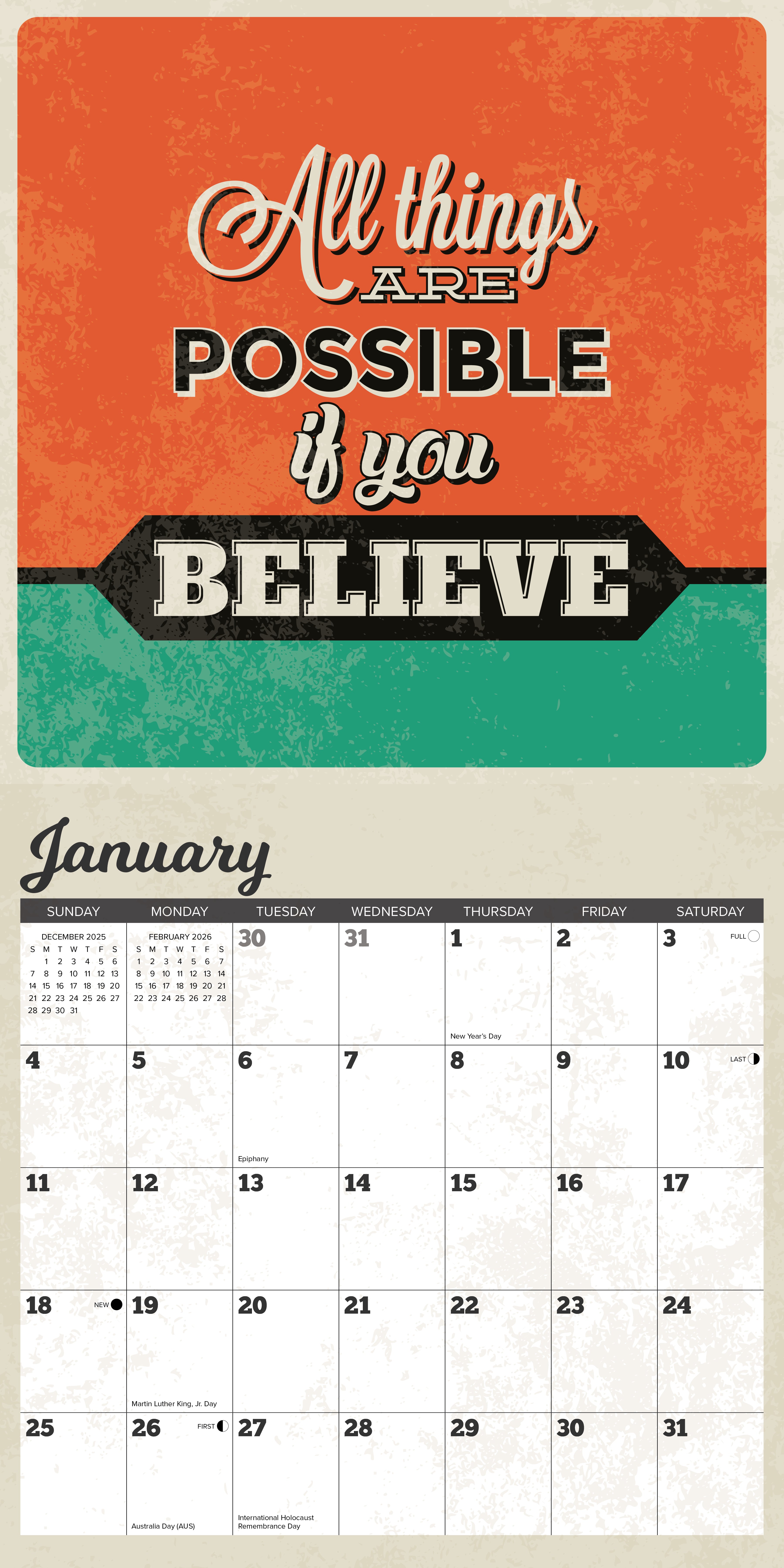 2026 Positive Affirmations - Square Wall Calendar