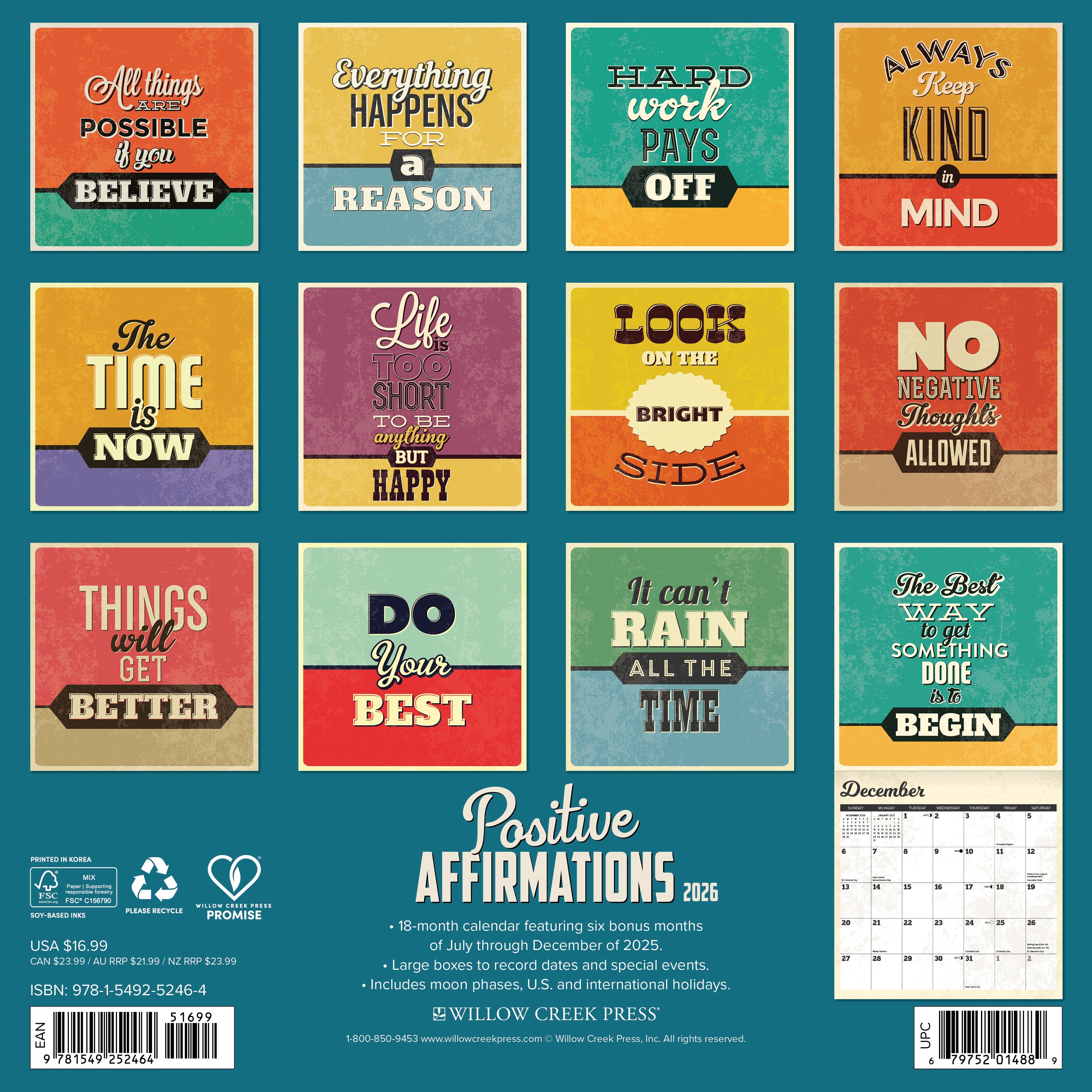 2026 Positive Affirmations - Square Wall Calendar