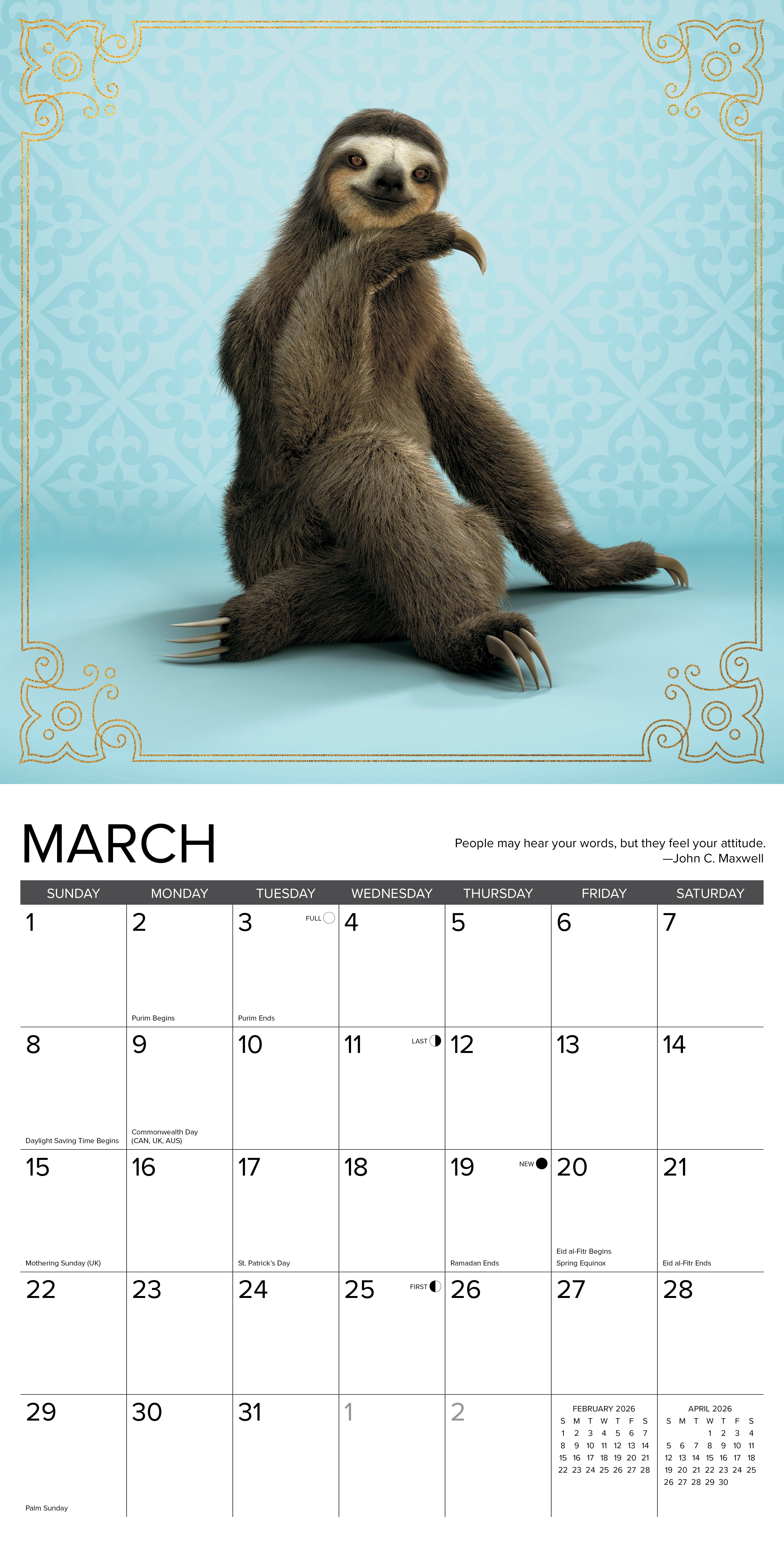 2026 Sloth Yoga - Square Wall Calendar