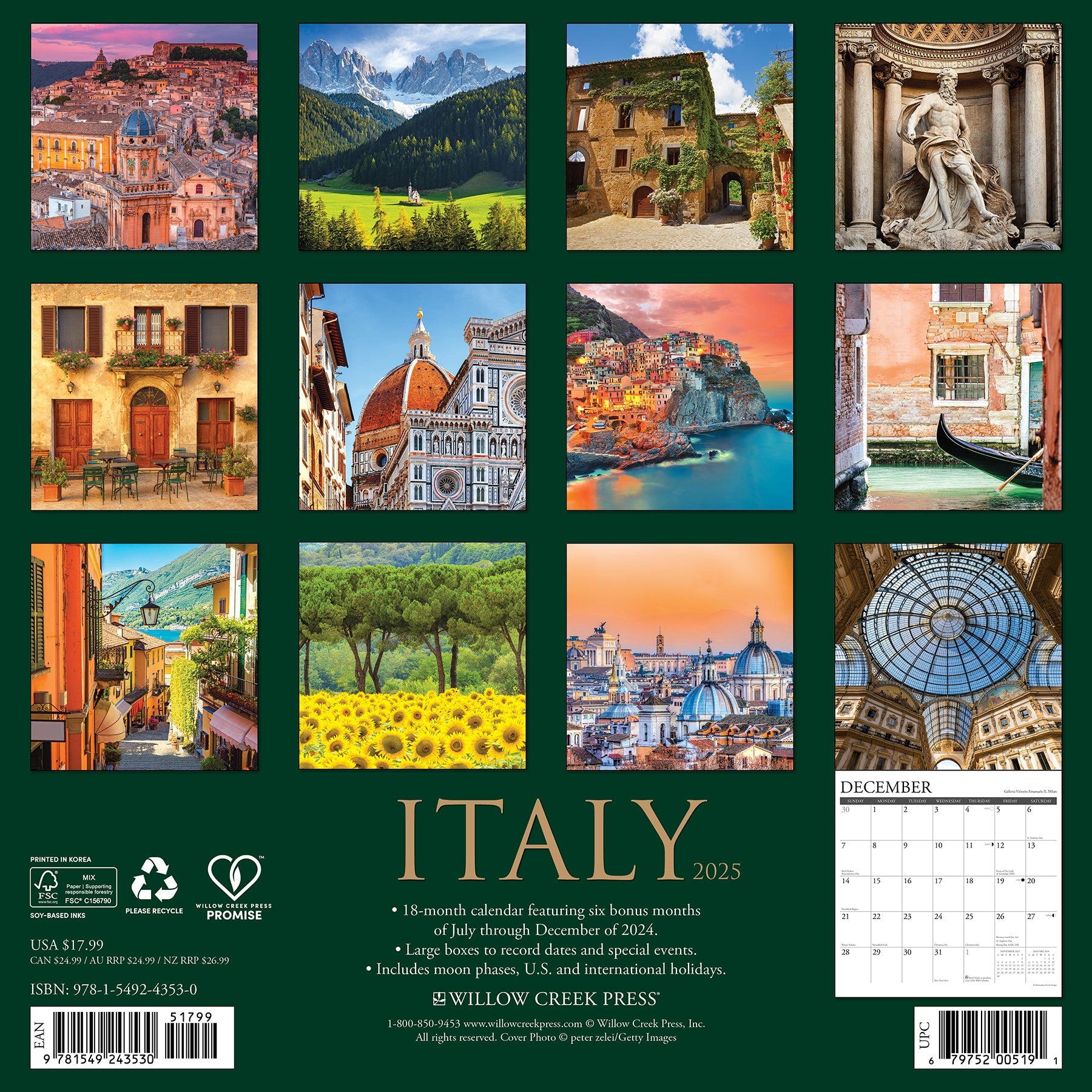 2025 Italy (w/foil) - Square Wall Calendar