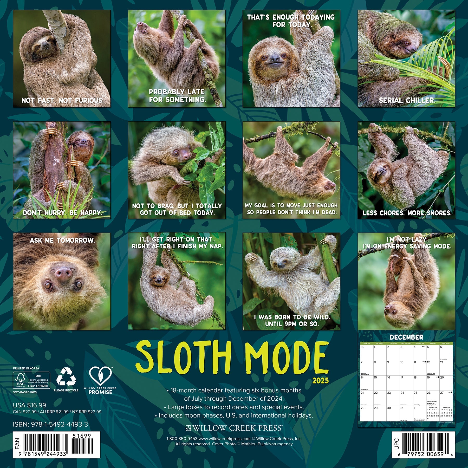 2025 Sloth Mode - Square Wall Calendar