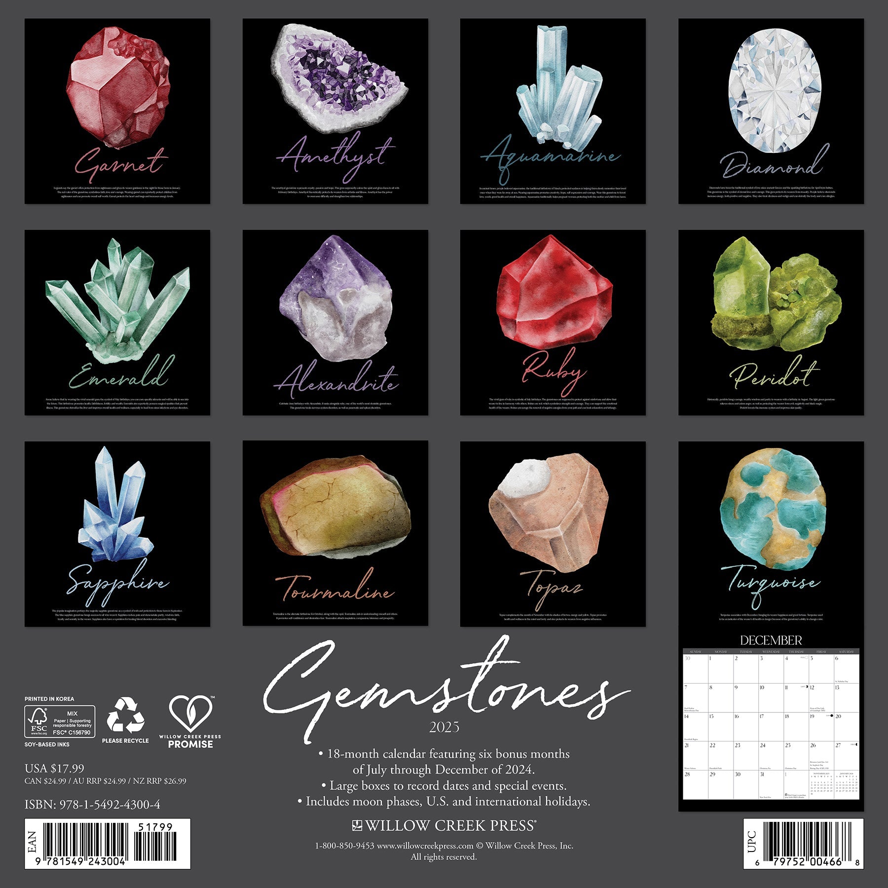 2025 Gemstones (w/foil) - Square Wall Calendar