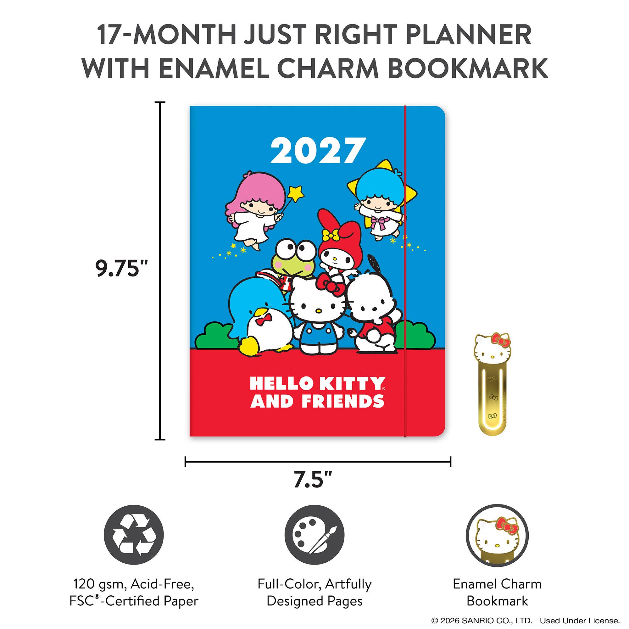2027 Hello Kitty and Friends Retro Just Right Monthly Planner with Enamel Charm Bookmark
