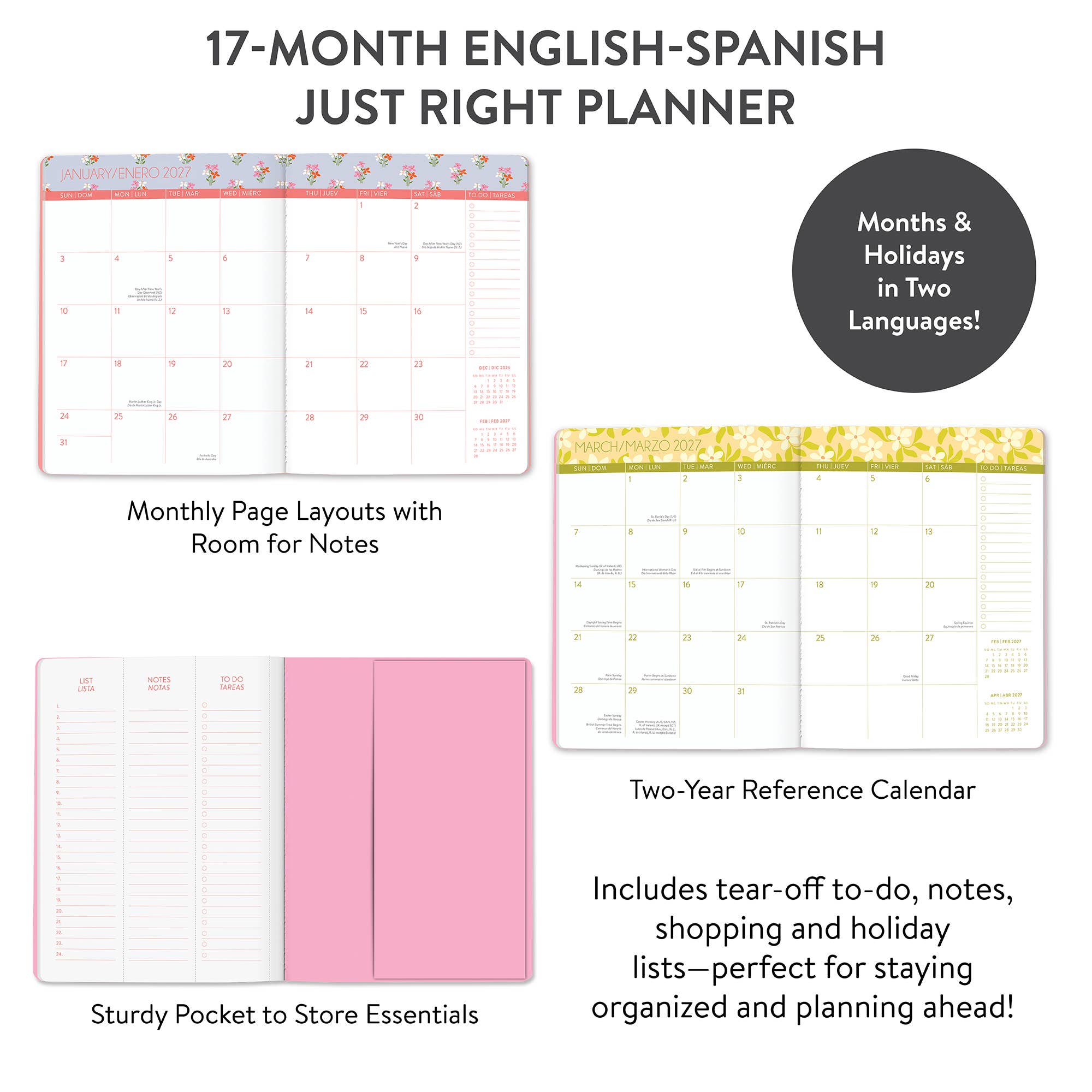 2027 Secret Garden English-Spanish Bilingual Just Right Monthly Planner