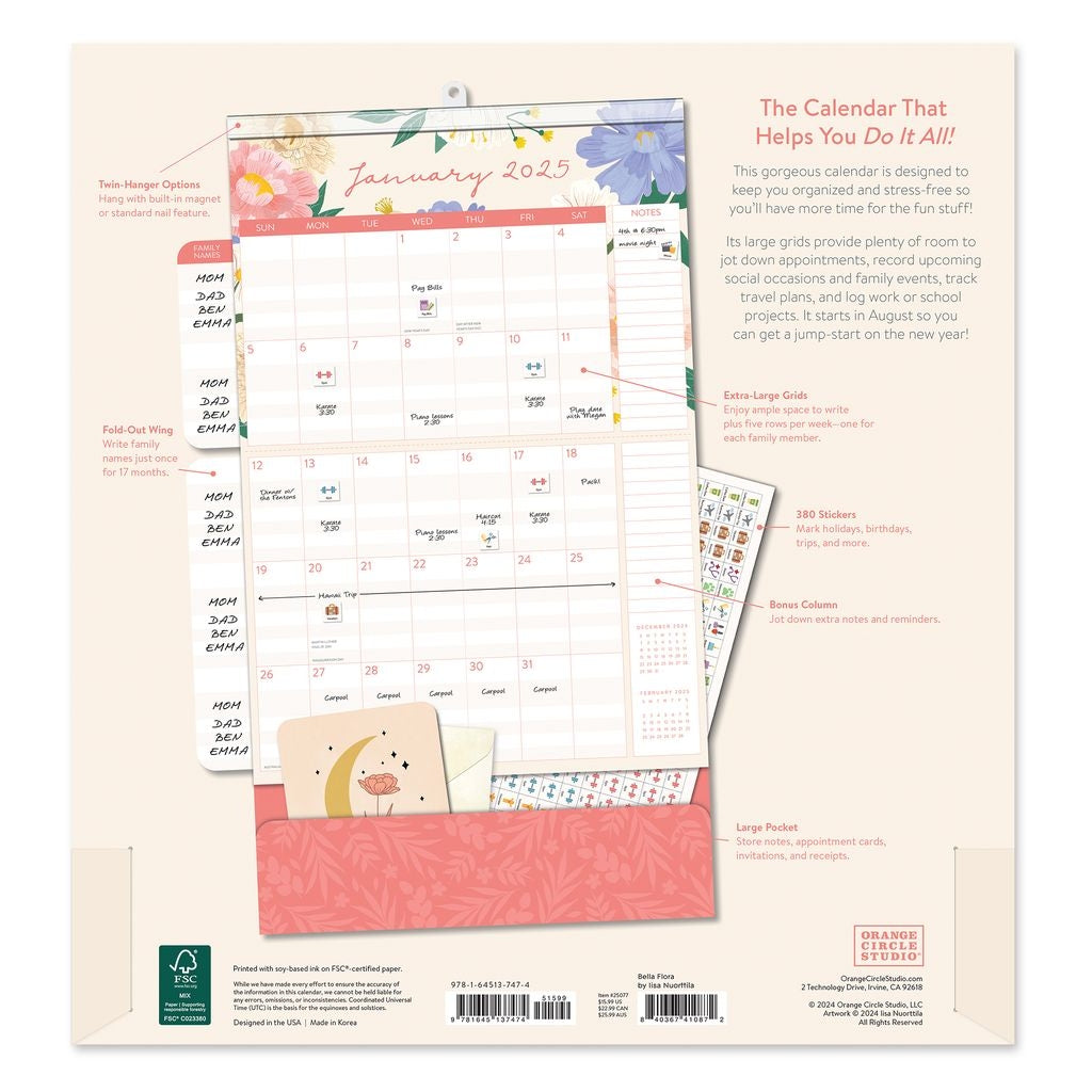 2025 Bella Flora Do It All Wall Family Planner - Deluxe Wall Calendar by Orange Circle Studio