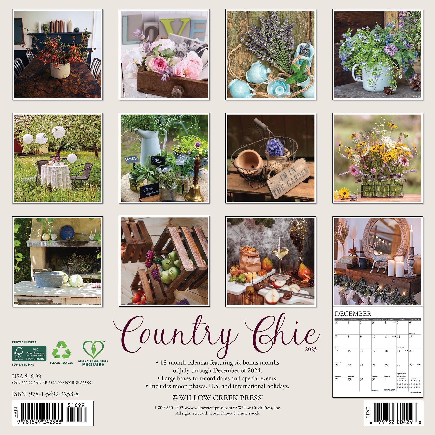 2025 Country Chic - Square Wall Calendar