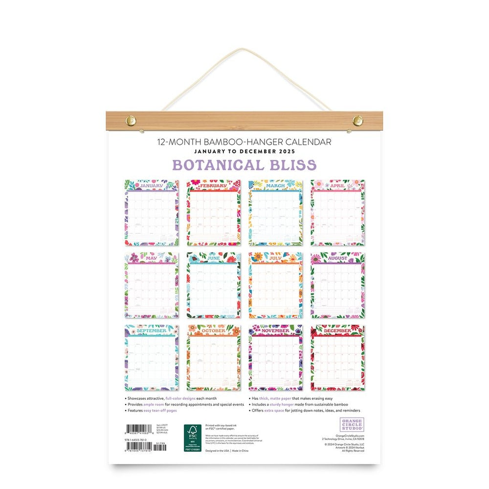 2025 Botanical Bliss Bamboo-Hanger - Deluxe Wall Calendar by Orange Circle Studio