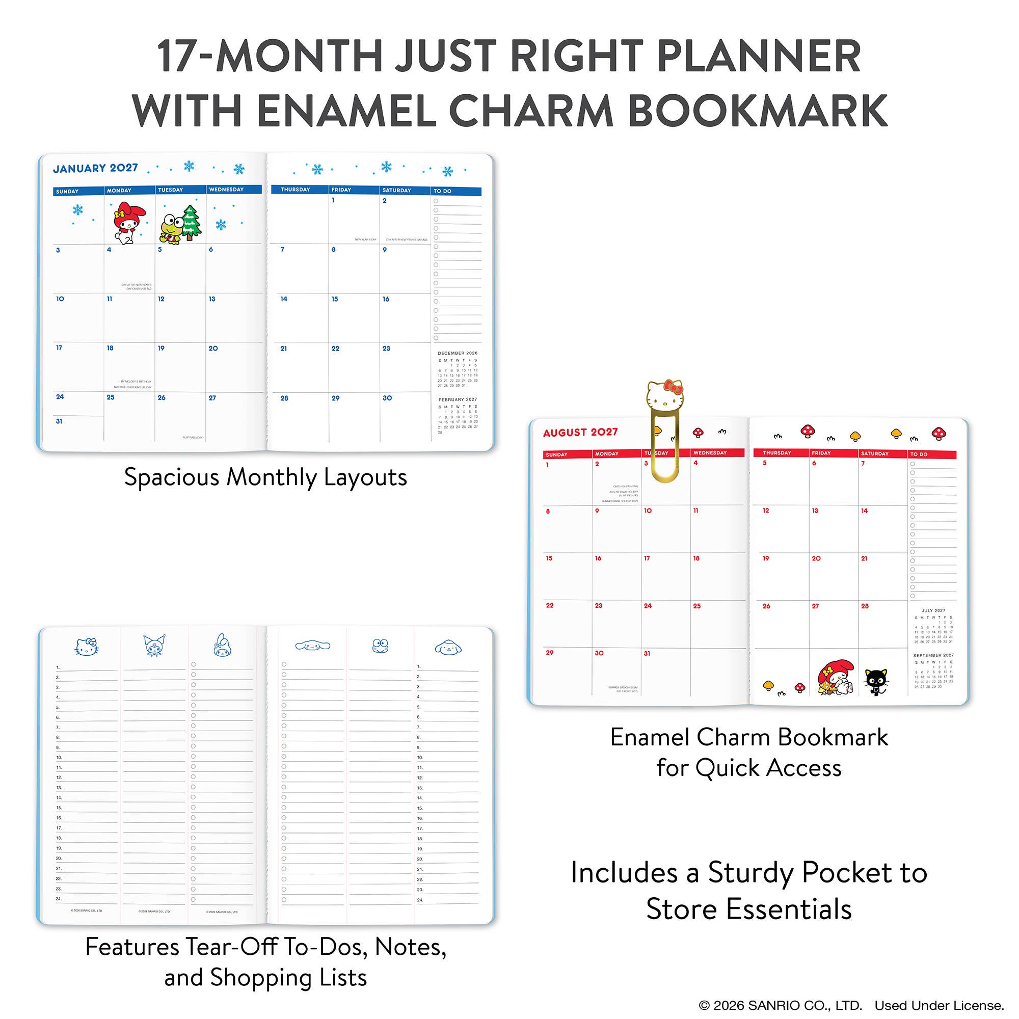 2027 Hello Kitty and Friends Retro Just Right Monthly Planner with Enamel Charm Bookmark