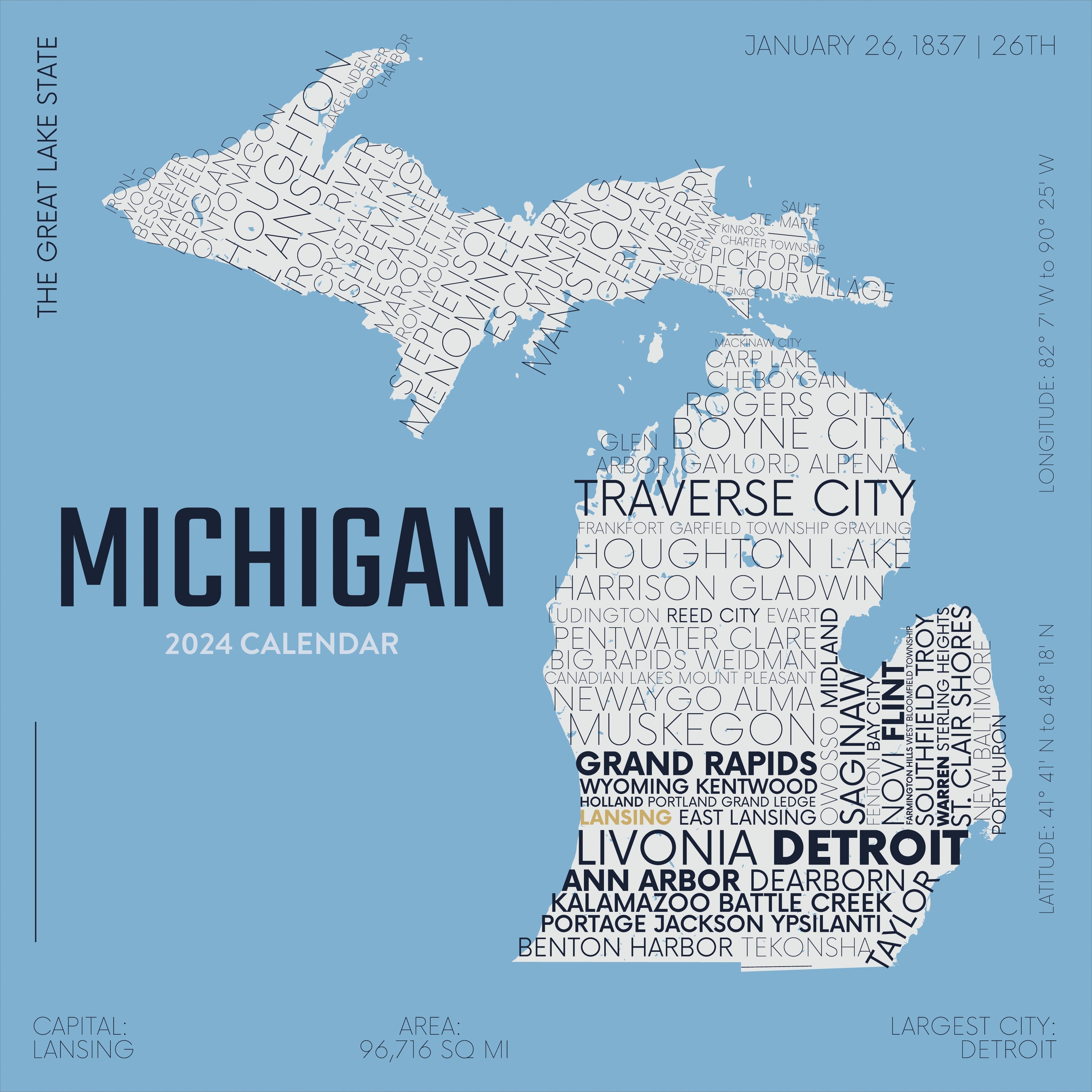 2024 Home: Michigan - Square Wall Calendar