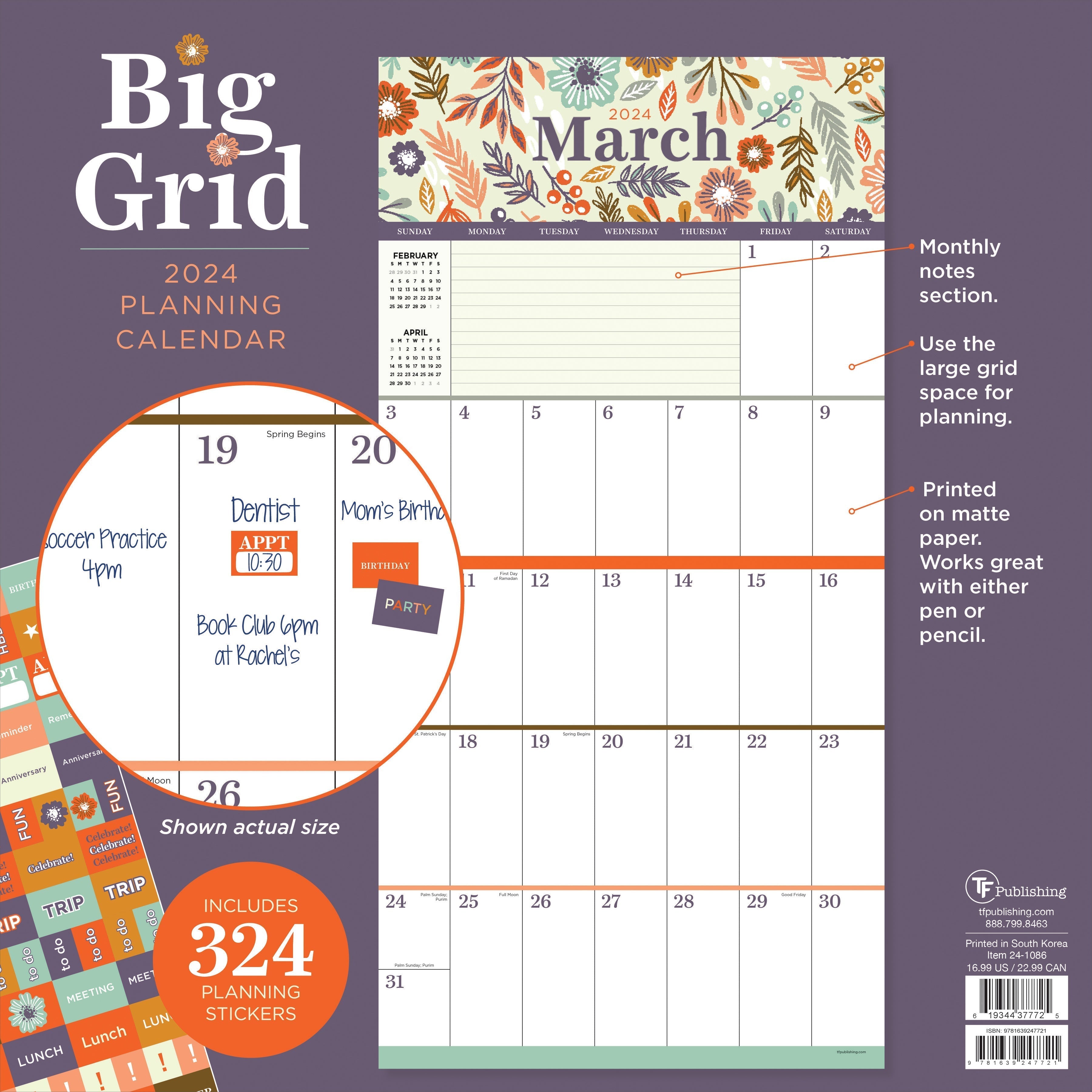 2024 Big Grid - Floral - Square Wall Calendar