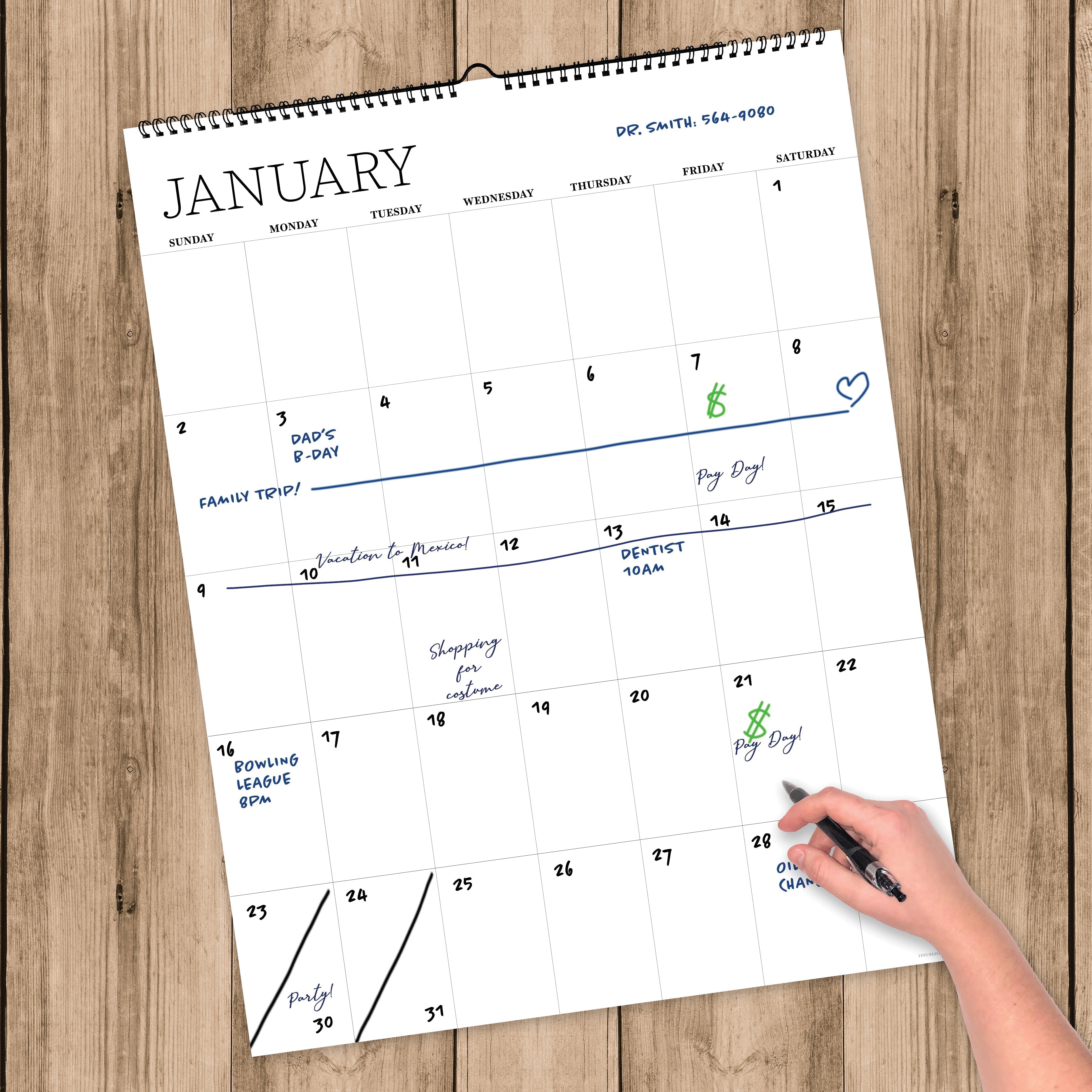 Dry Erase Large Wire-o Hanging Vertical - Perpetual Undated Wall Calendar