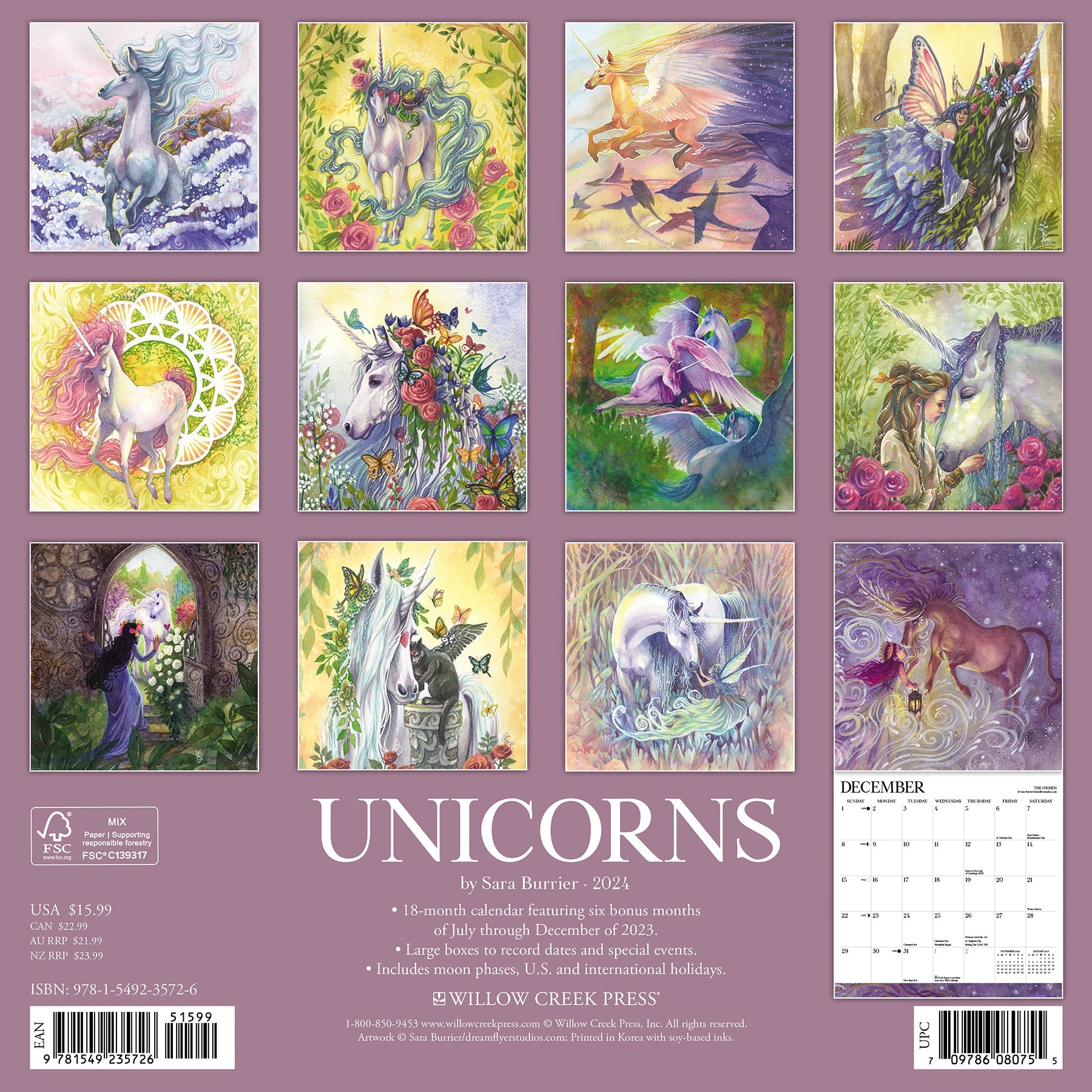 2024 Unicorns by Sara Burrier (art) - Wall Calendar