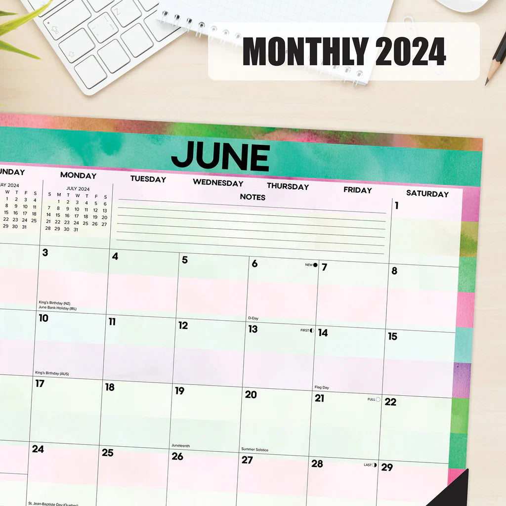 2024 Watercolor Stripes - Monthly Large Desk Pad