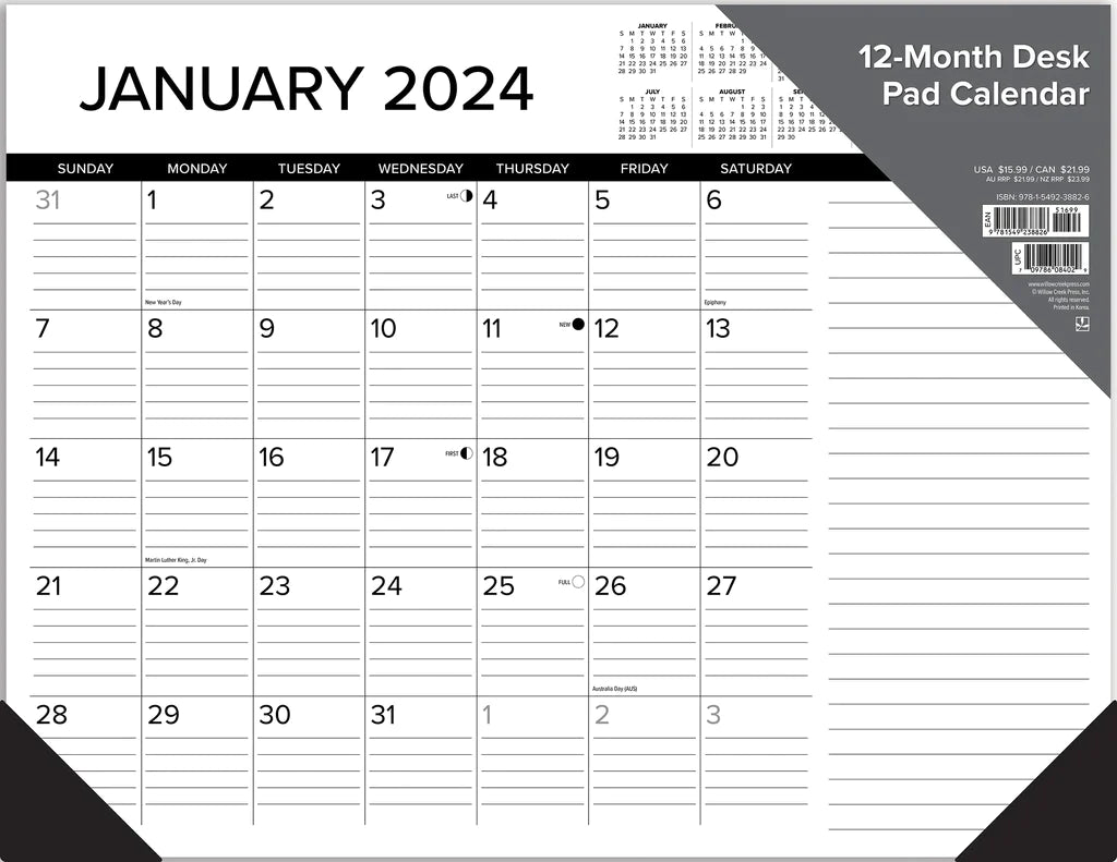 2024 Black & White - Monthly Large Desk Pad