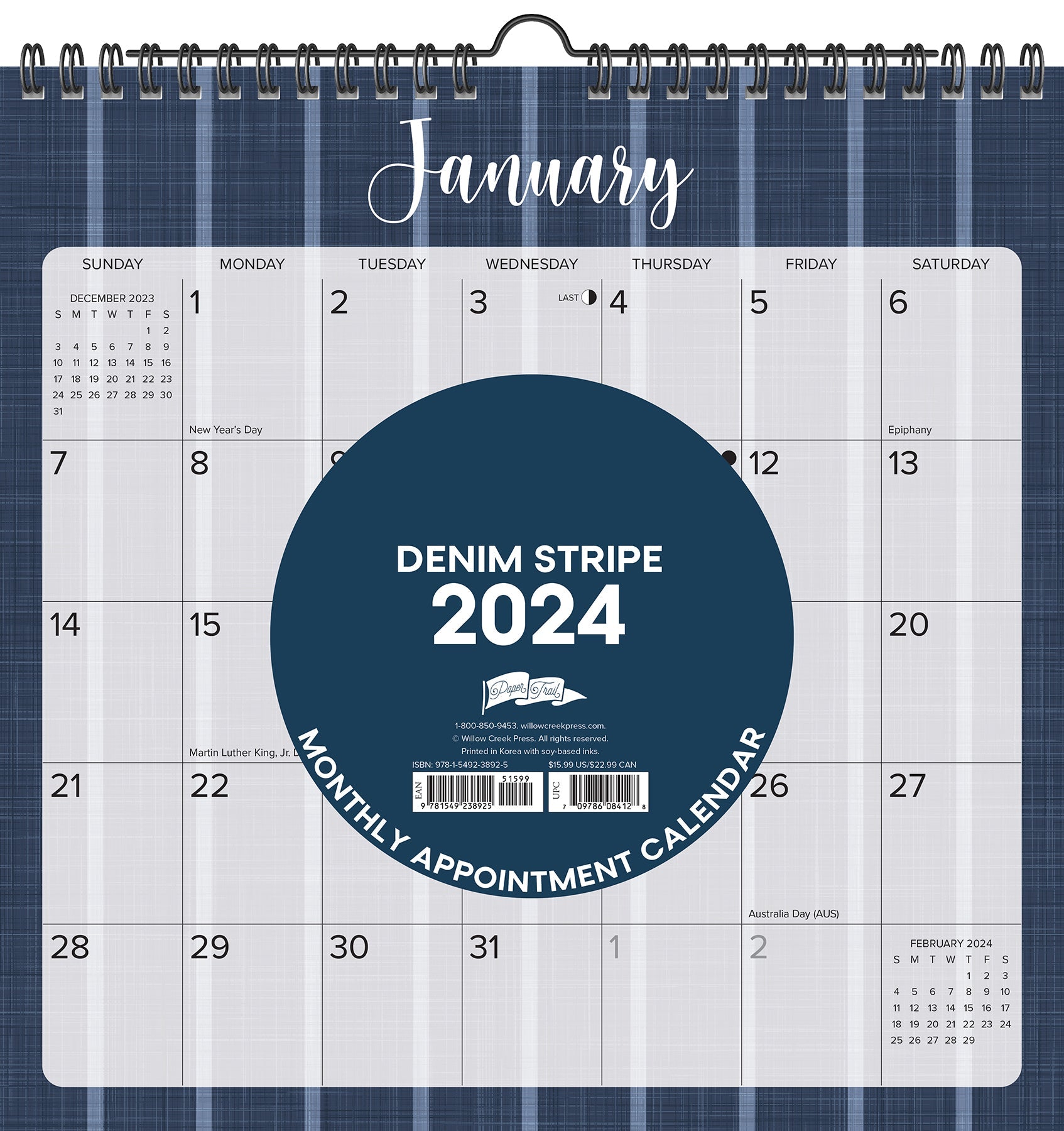 2024 Denim Stripe Spiral  - Wall Calendar